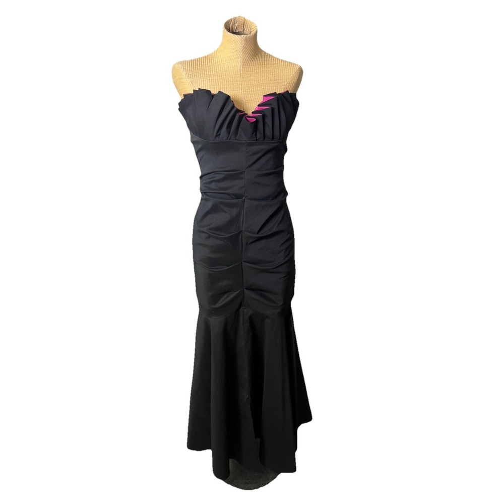 VTG Betsy & Adam Formal Dress Gown Black Ruched Strapless Tight Goth Punk Sz 6